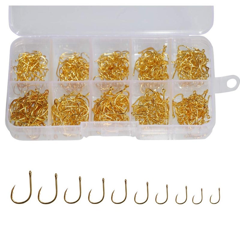 Laxygo 500pcs Small Fishing Hooks Black High Carbon Fishing Hooks Set 10 Sizes with a Plastic Box (500pcs Gold) - Image 1